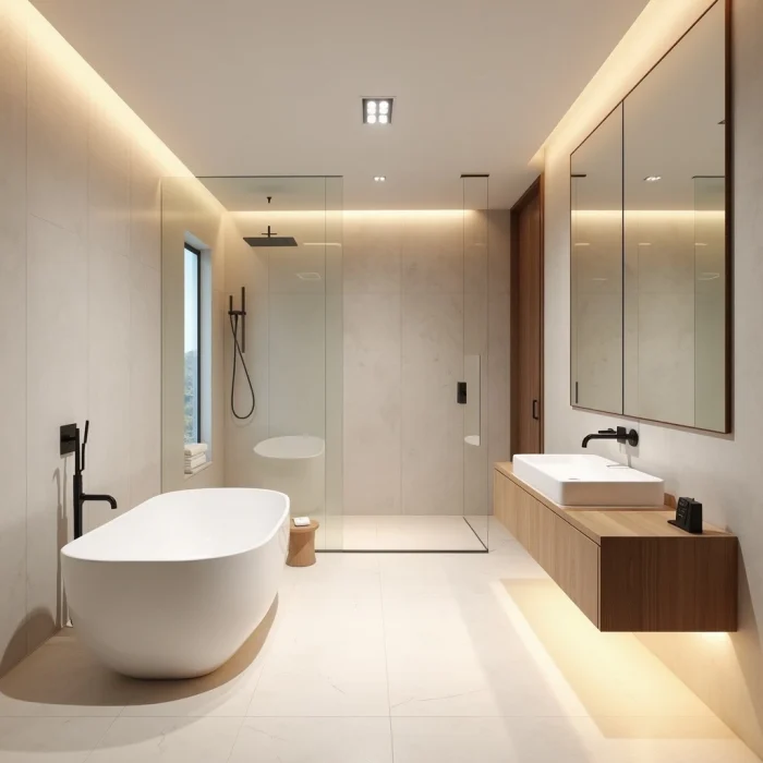 Salle de bain moderne avec baignoire îlot, douche à l'italienne et double vasque en bois, réalisation Constréna
