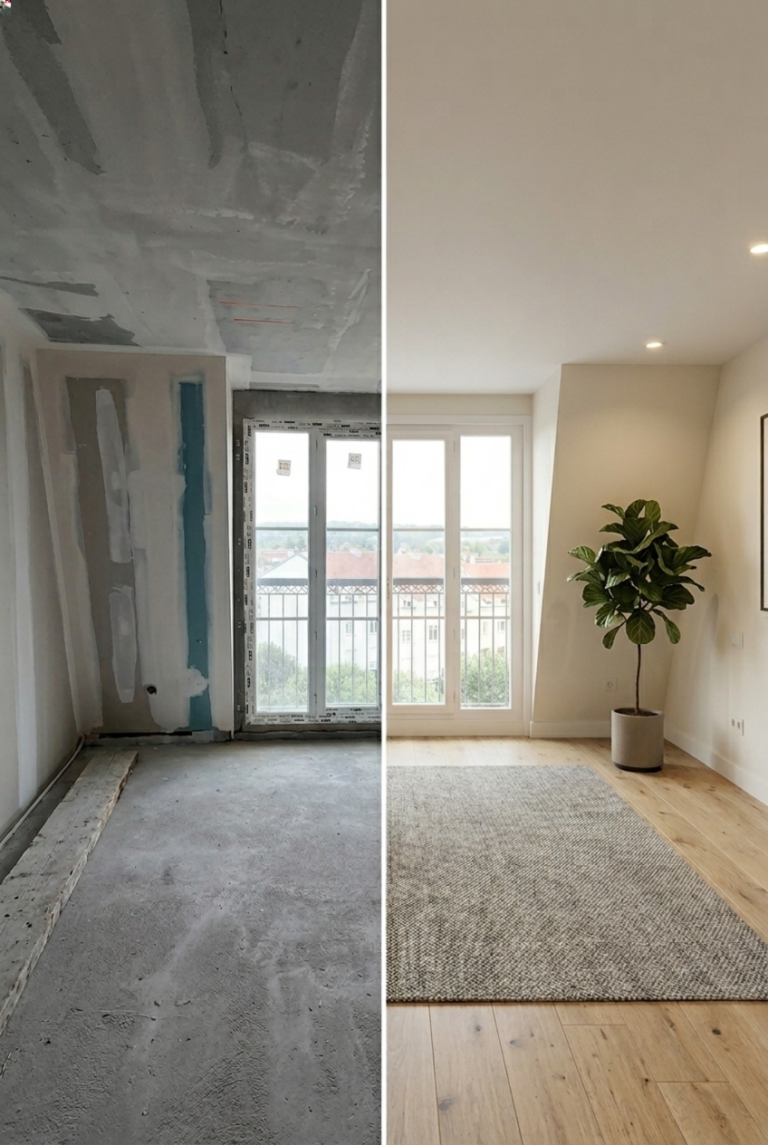 Avant après rénovation chambre appartement à Paris – sol parquet et plafond refaits par Constréna