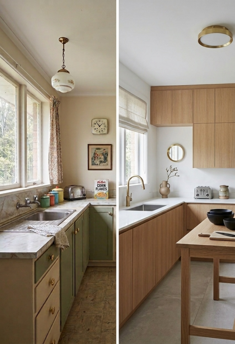 Avant/après rénovation d'une cuisine en bois naturel avec îlot central sur mesure réalisée par Constréna
