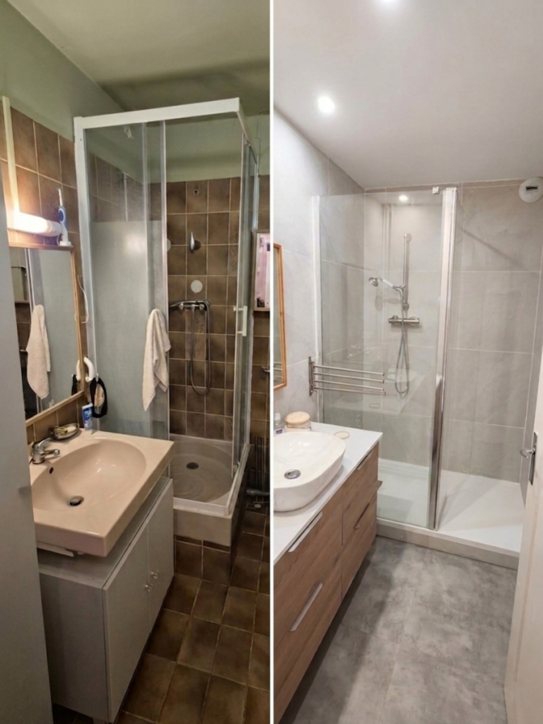 Comparatif avant-après rénovation d'une petite salle de bain : carrelage ancien remplacé par grand format gris clair, meuble vasque bois moderne et douche rénovée – Constréna Paris Île-de-France
