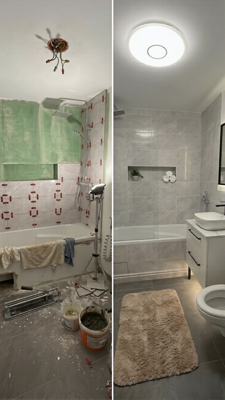 Comparatif avant-après rénovation salle de bain complète : pose de carrelage effet marbre, baignoire encastrée, meuble vasque blanc et niche murale – réalisation Constréna Paris Île-de-France