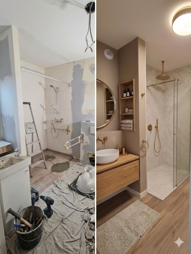 Comparatif avant-après rénovation complète d'une salle de bain : chantier brut transformé en salle de bain moderne avec douche à l'italienne, meuble vasque en bois et robinetterie dorée – Constréna Île-de-France