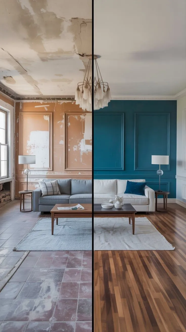 Comparatif avant-après rénovation d'un salon : murs dégradés et sol abîmé transformés en intérieur moderne avec parquet, peinture bleue et moulures – Constréna Île-de-France