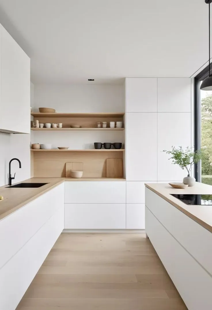 Cuisine blanche moderne en L avec îlot central, étagères ouvertes en bois et robinetterie noire, réalisation Constréna à Paris