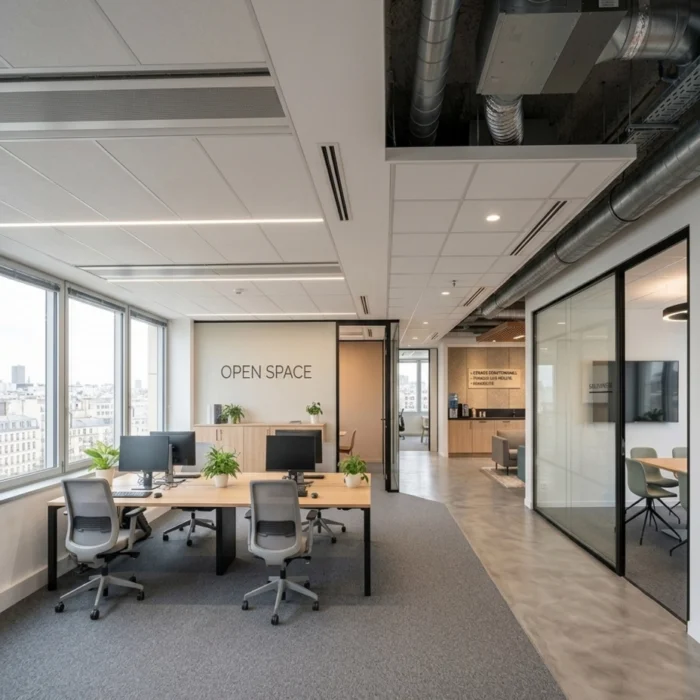 Open-space professionnel aménagé avec postes de travail, cloisons vitrées et vue sur Paris, réalisation Constréna