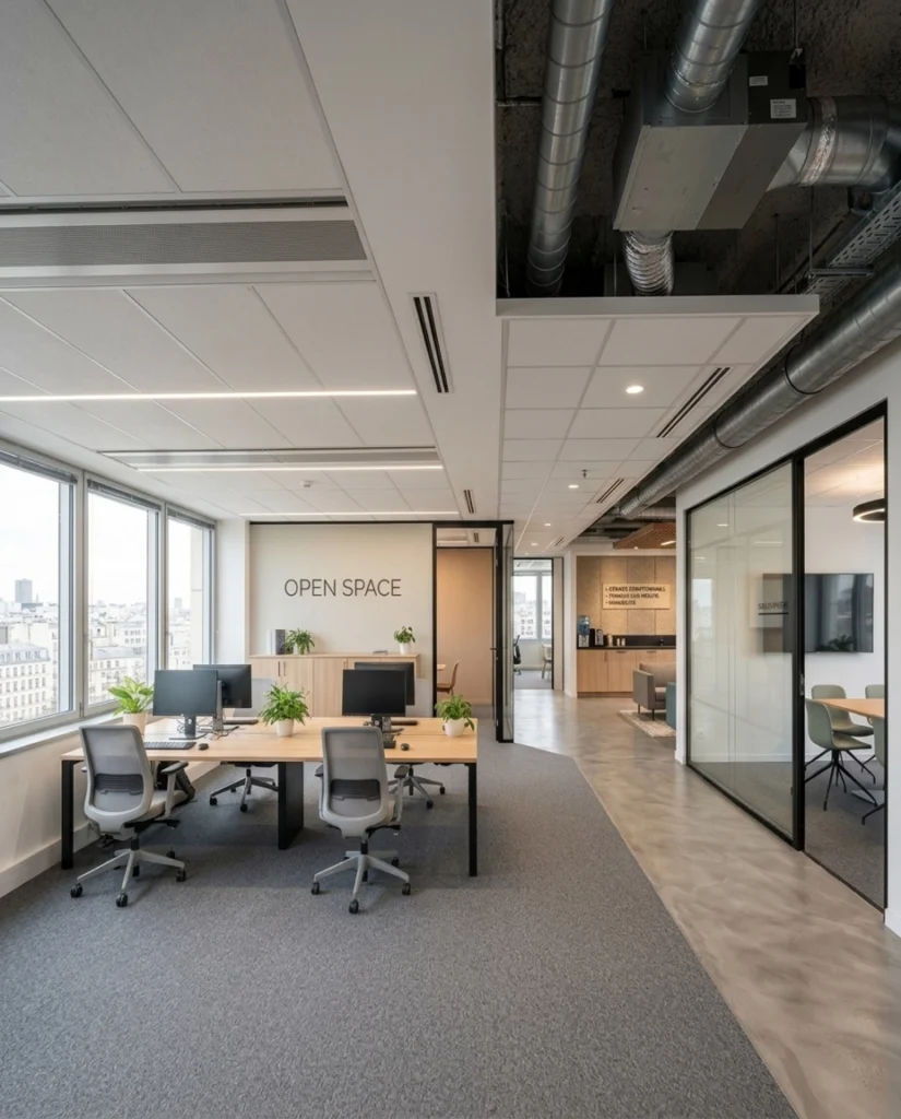 Open-space professionnel aménagé avec postes de travail, cloisons vitrées et vue sur Paris, réalisation Constréna