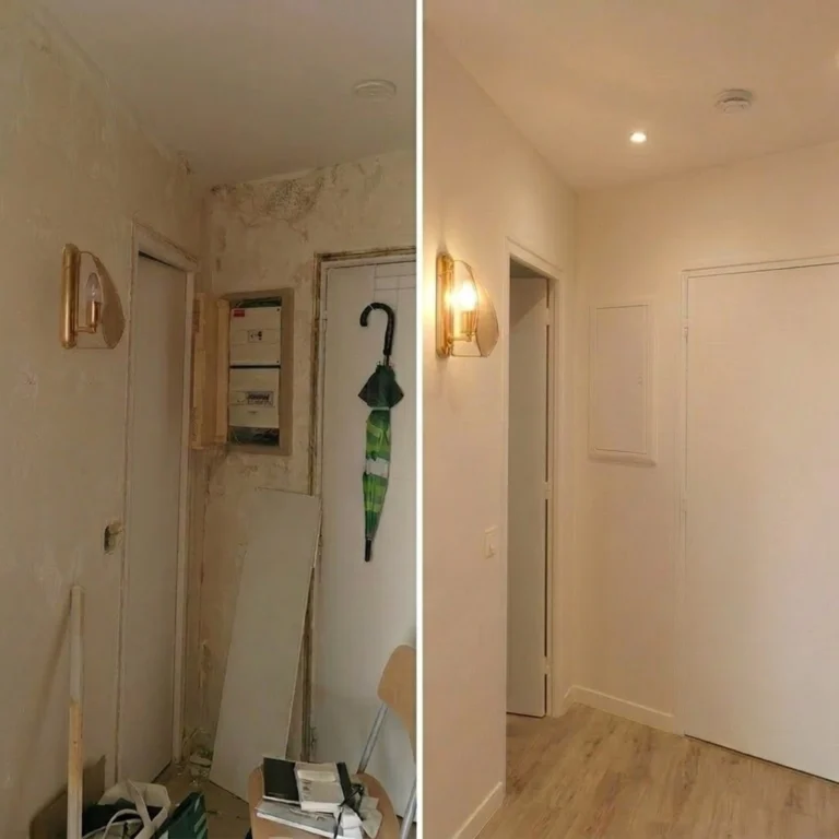 Avant après rénovation d'un couloir d'appartement à Paris : enduit, peinture, parquet stratifié et éclairage applique dorée, réalisé par Constréna