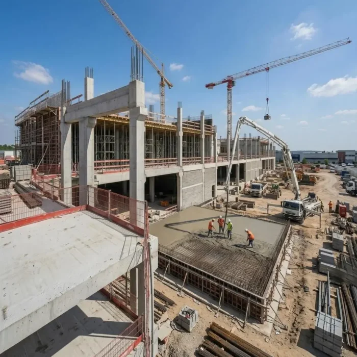 Chantier de gros œuvre avec grues, coulage de béton et équipe en sécurité sur bâtiment professionnel, réalisation Constréna
