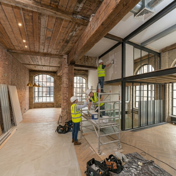Aménagement intérieur d'un loft industriel avec structure métallique, verrières et poutres bois apparentes, chantier Constréna