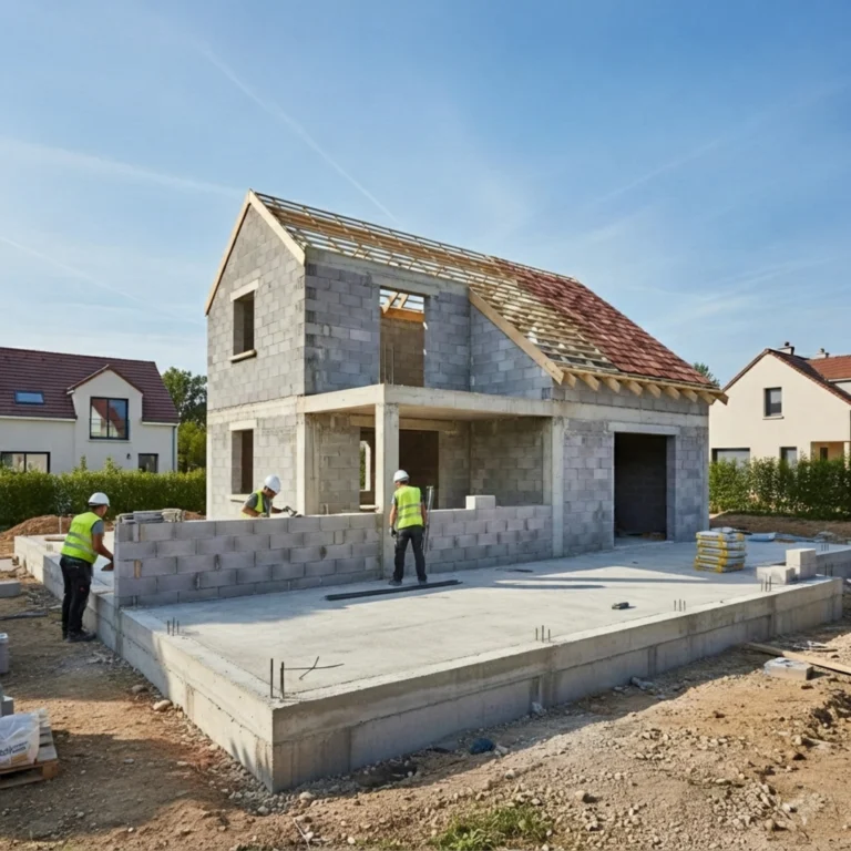 Chantier de construction d'une maison individuelle en parpaings avec équipe en gilets jaunes posant la charpente et la toiture – Constréna construction Île-de-France