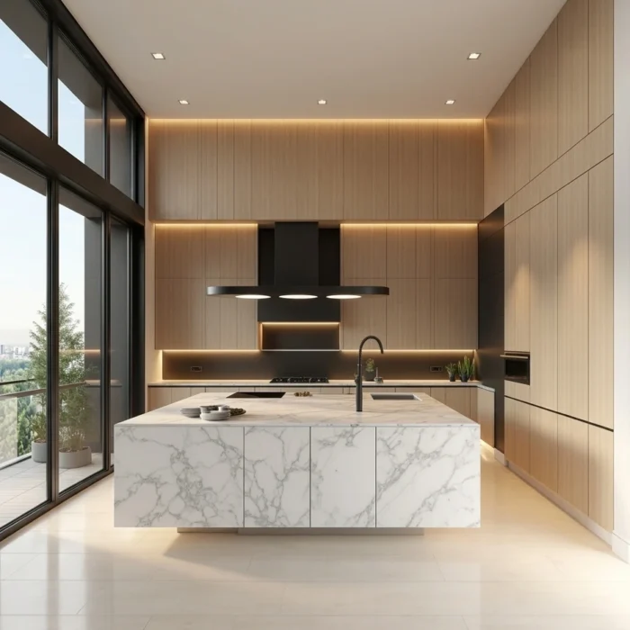 Cuisine moderne avec îlot central en marbre, hotte noire suspendue et façades en bois, réalisation Constréna