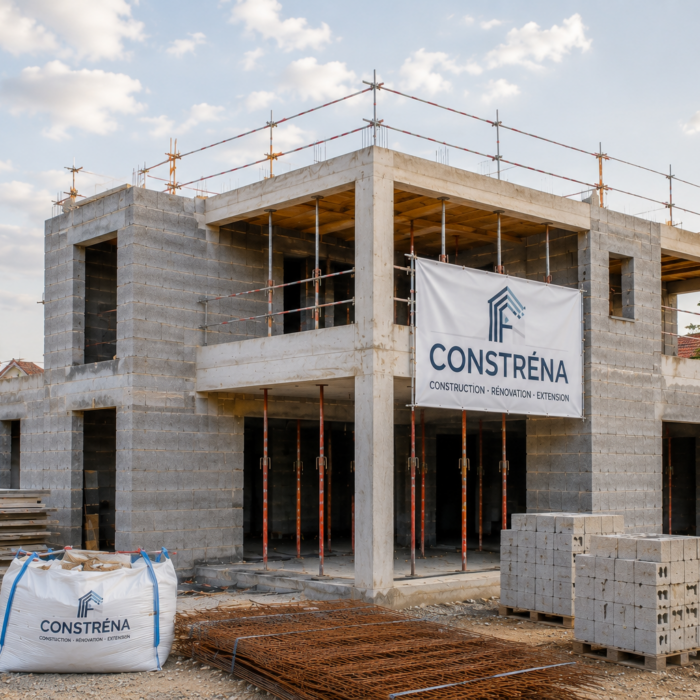 Travaux de gros œuvre pour une extension de maison avec maçonnerie, structure béton, échafaudages et coordination complète du chantier.