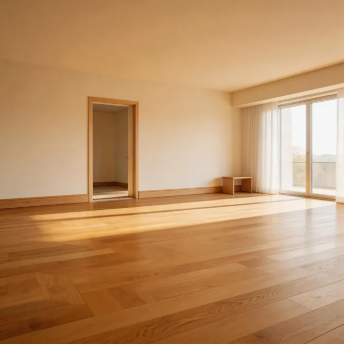 Pièce rénovée avec parquet en bois clair, baie vitrée et lumière naturelle, réalisation Constréna