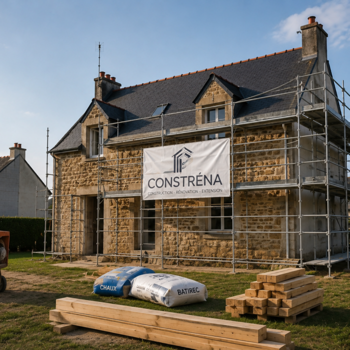 Travaux de rénovation générale d'une maison avec échafaudage, rénovation de façade et coordination complète du chantier.