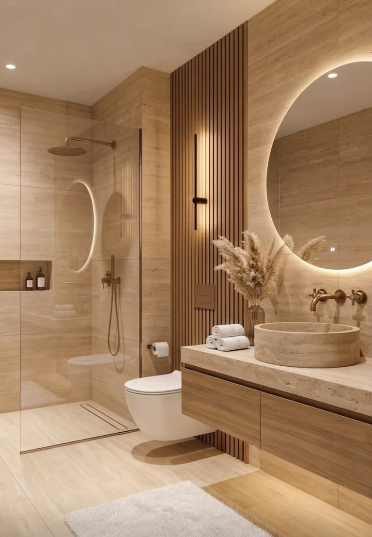 Rénovation de salle de bain avec douche à l'italienne, vasque en travertin et éclairage LED par Constréna