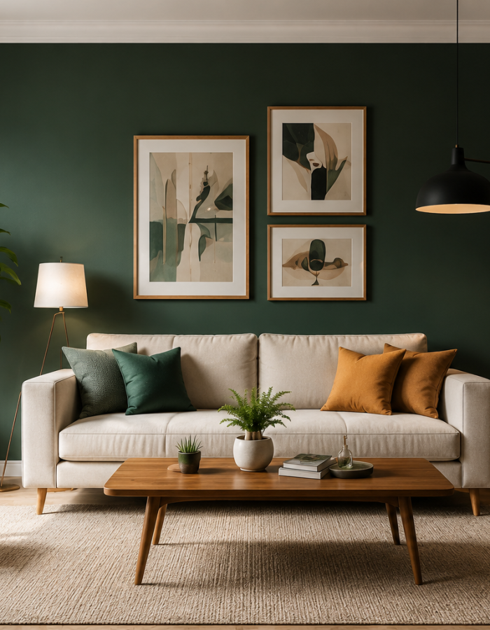 Aménagement intérieur salon moderne avec mur vert forêt et parquet bois – Constréna Paris